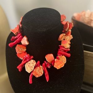 Barse Bronze Genuine, Orange Jasper and Red Sea Bamboo Necklace